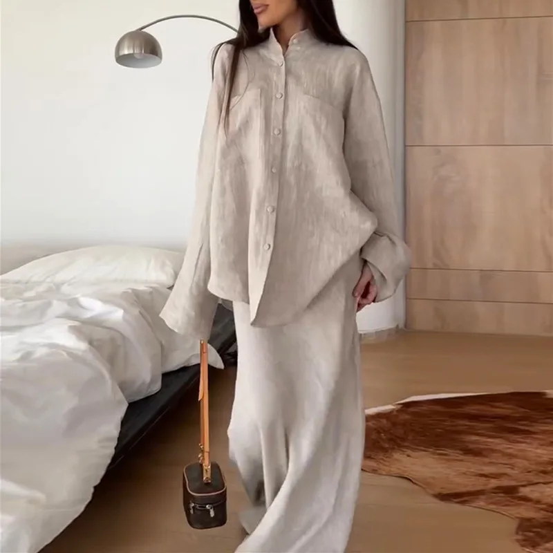 

Women's clothing 2025 summer new style solid color loose long sleeve shirt high waist skirt fashion suit club clothing Vestidos