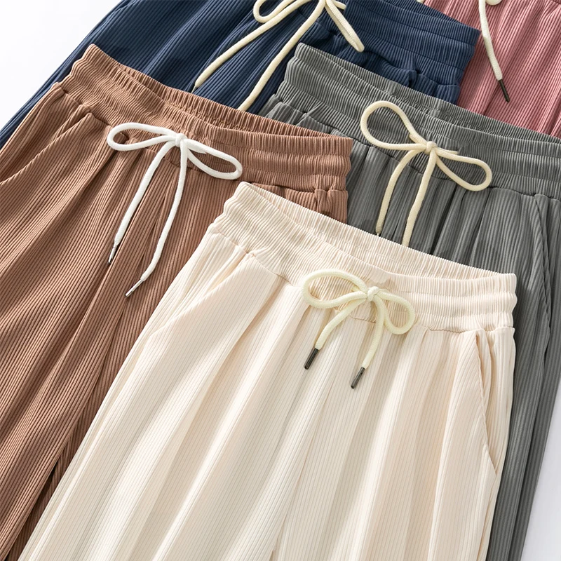 

Женские летние тонкие брюки с высокой талией и широкими штанинами из ледяного шелка, струящиеся, прямые, повседневные, весна-осень, белые, шифоновые, в пол