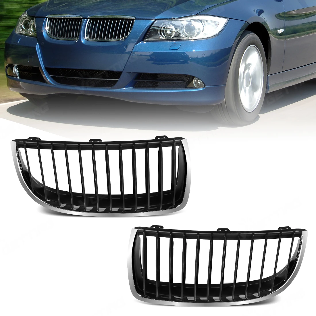 

Для BMW 3 серии E90 Седан E91 Туринг 2005-2012 (до рестайлинга и после рестайлинга) — передняя решетка радиатора (ноздри) глянцевая черная, в стиле M, замена