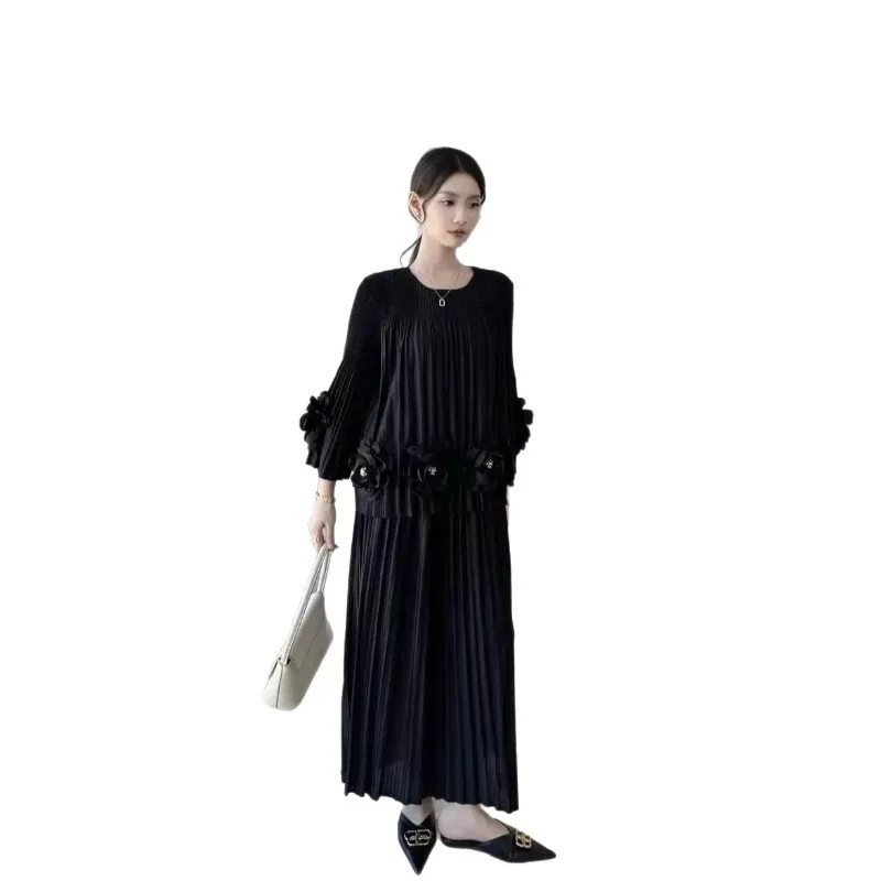 Miyake – ensemble pantalon plissé plissé, nouvelle mode pliable, fleurs tridimensionnelles, haut en perles, pantalon à jambes larges, ensemble de 2 pièces, printemps 2026