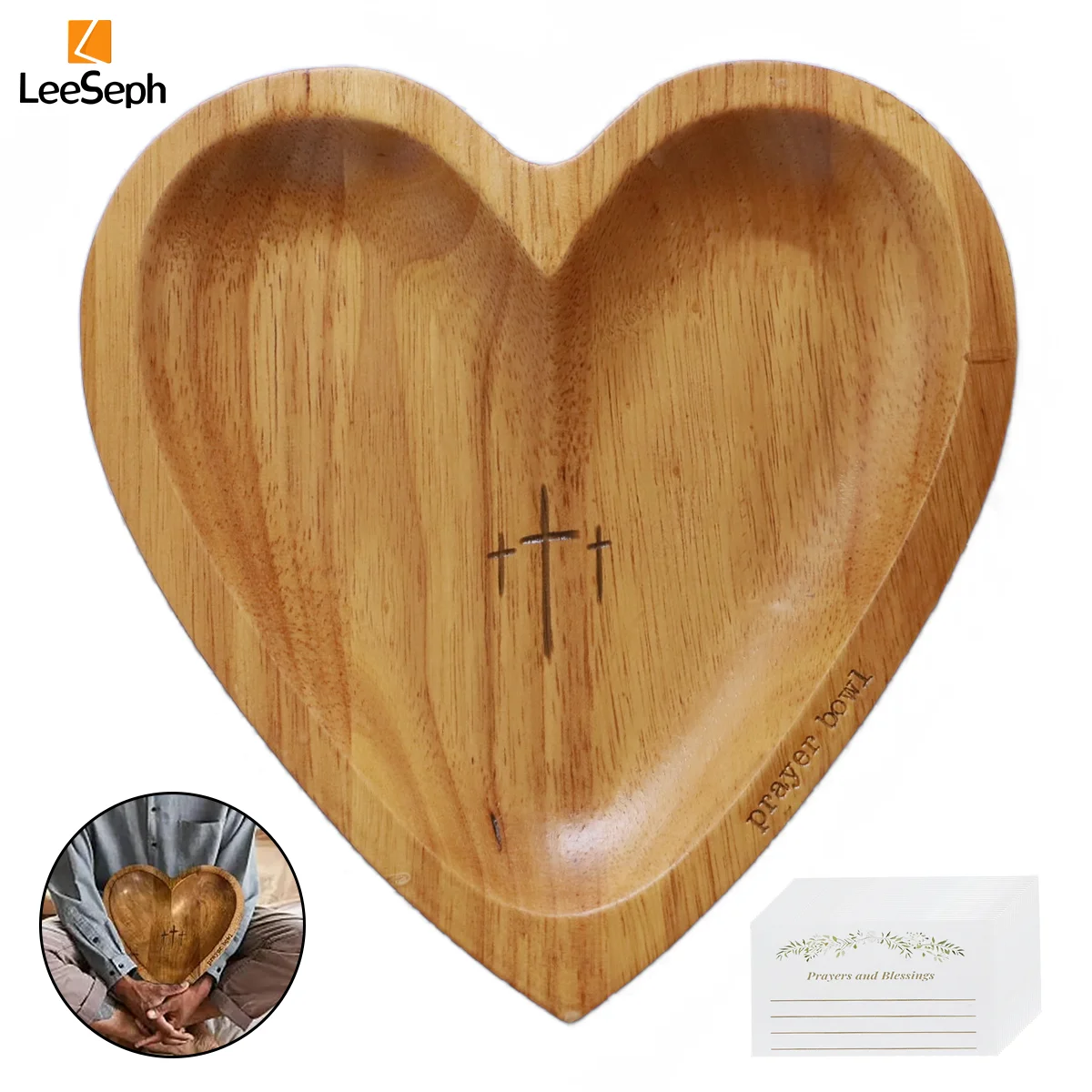 Leeseph Heart Prayer Bowl, Wooden Heart Shaped Prayer Bowl with 24 Cards, Heart Shaped Decor Prayer Dough Bowl for Thanksgiving