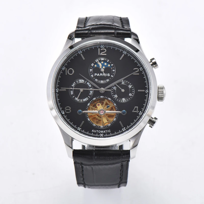 

Fashion Parnis 43mm Black Dial Automatic Men's Watches Leather Strap Moon Phase Calendar Men Mechanical Wristwatch With Box Gift