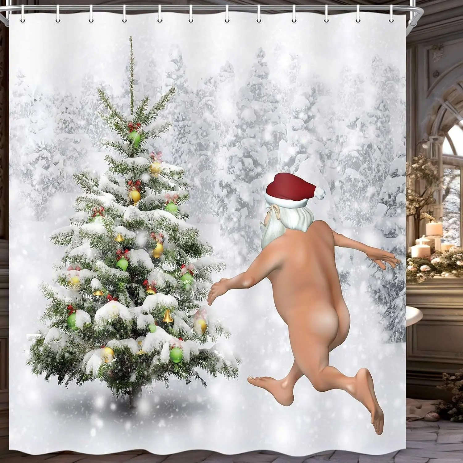 Funny Christmas Santa Claus Shower Curtain, Christmas Tree Winter Forest Snowflake Bathroom Curtains, Durable Waterproof Fabric Shower Curtain Set with 12 Hooks, 71 x 71 Inches