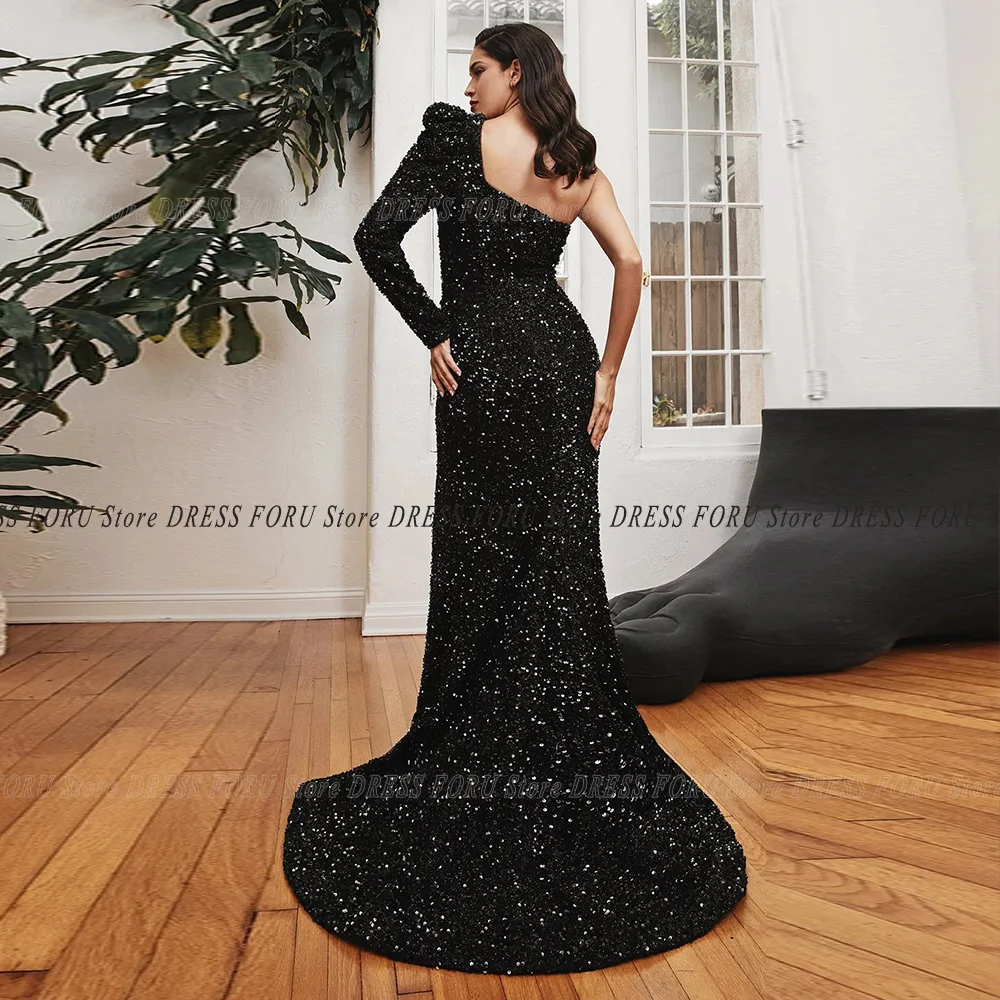 Black Velour Sequin Evneing Dress For Woman One Soulder Cut-Out Sexy Side Slit Long Sleeves Prom Party Gown Sweep Train Fiesta