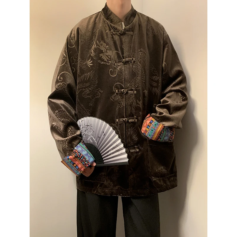 Setelan Pria Model Baru Gaya Cina, Bahan Beludru, Longgar, Kerah Tegak, Kancing Depan, Pakaian Luar Musim Gugur Musim Dingin