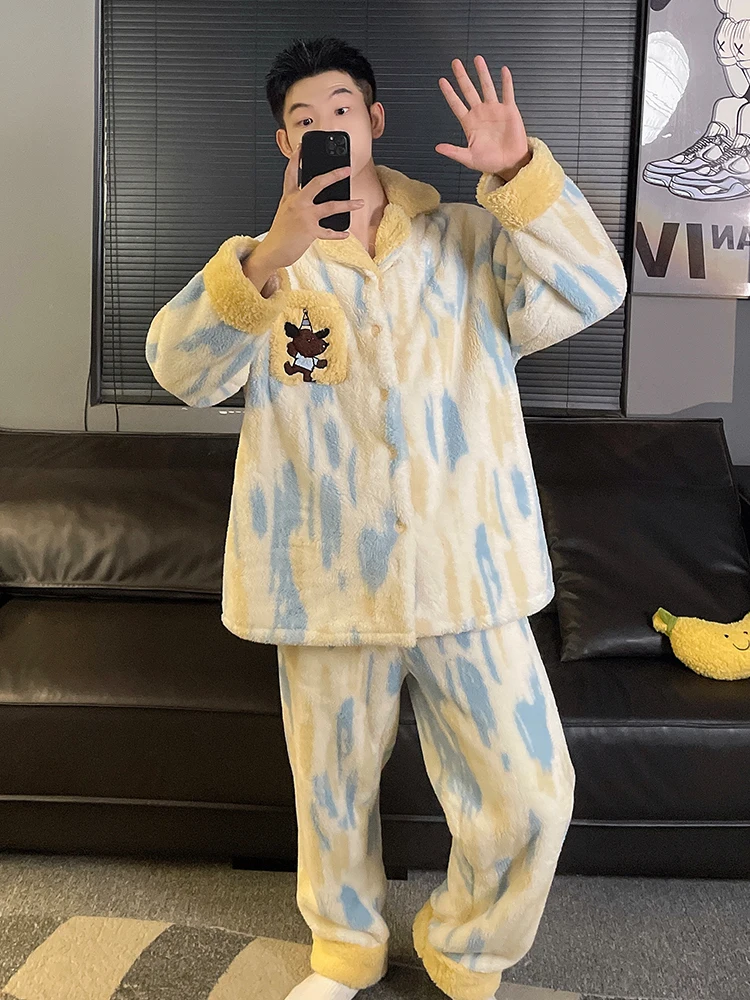 DAIMELU الكرتون منامة الرجال ملابس خاصة مجموعة الشتاء طويلة الأكمام المرجان الصوف الفانيلا سميكة الدافئة الذكور الشباب المتسكعون دعوى