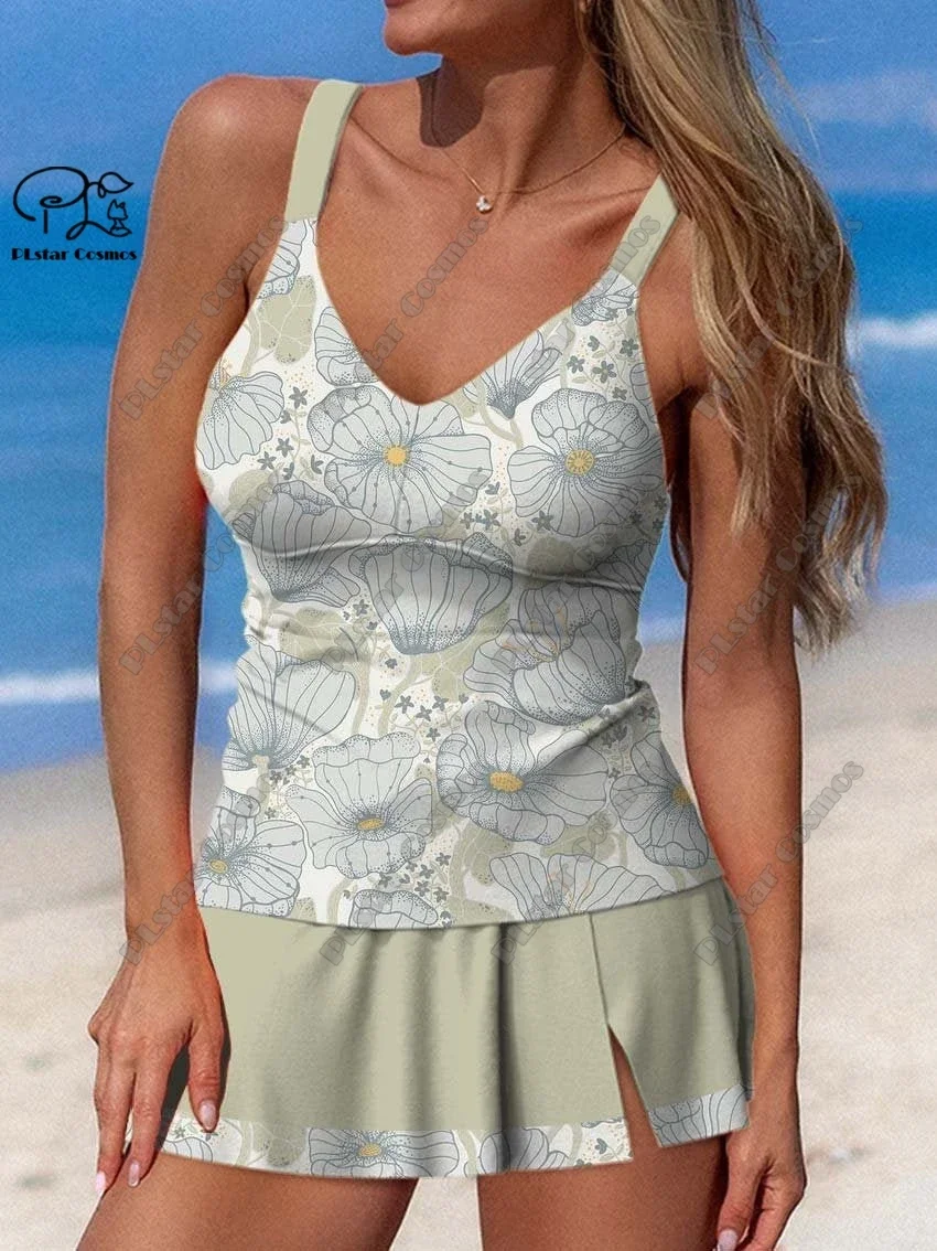 Women's summer small fresh floral 3D printing suspenders + skirt swimsuit suit swimsuit vacation travel new swimsuit C-11