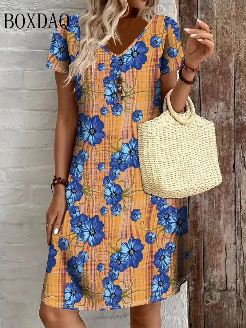 Vintage Boho Floral Print Women Dress 2025 Summer Casual V Neck Short Sleeve A Line Midi Dresses Beach Vacation Sundress Vestido