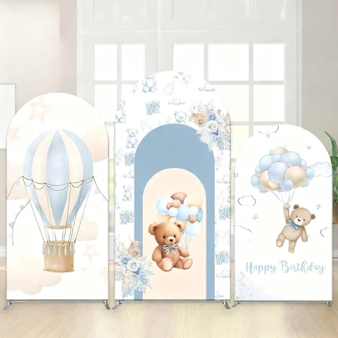 LS Bear Baby Show Arch Backdrop Cover Blue Hot Air Balloon Star Adventure Party Background Newborn Boy 1st Birthday Photo