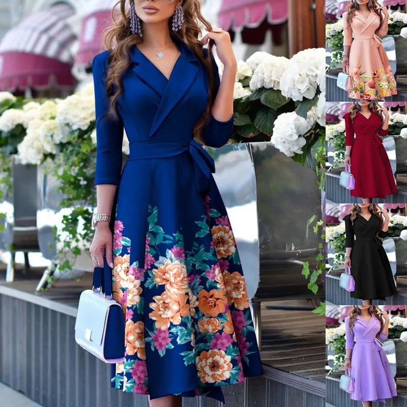 Vestido Midi de mujer con cinturón y manga de siete puntos con patrón Floral y cuello de traje a la moda, fibra de poliéster para primavera y verano para OL