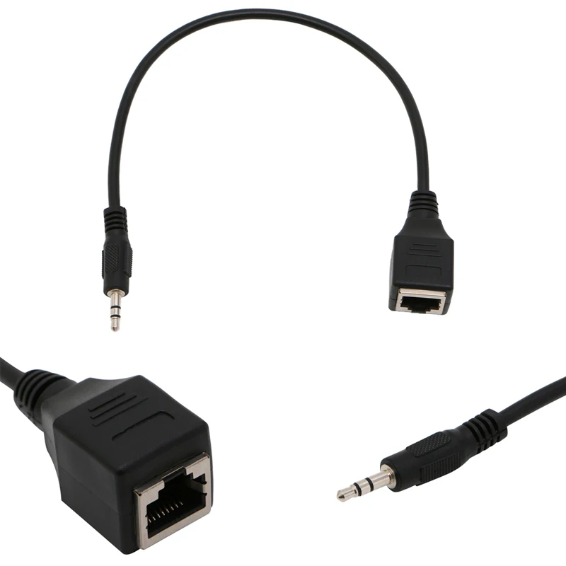 12inches 2 in 1 3.5mm Jack Male Aux Audio Cable to RJ45 Socket Ethernet Adapter Wire Stereo Accessories Black