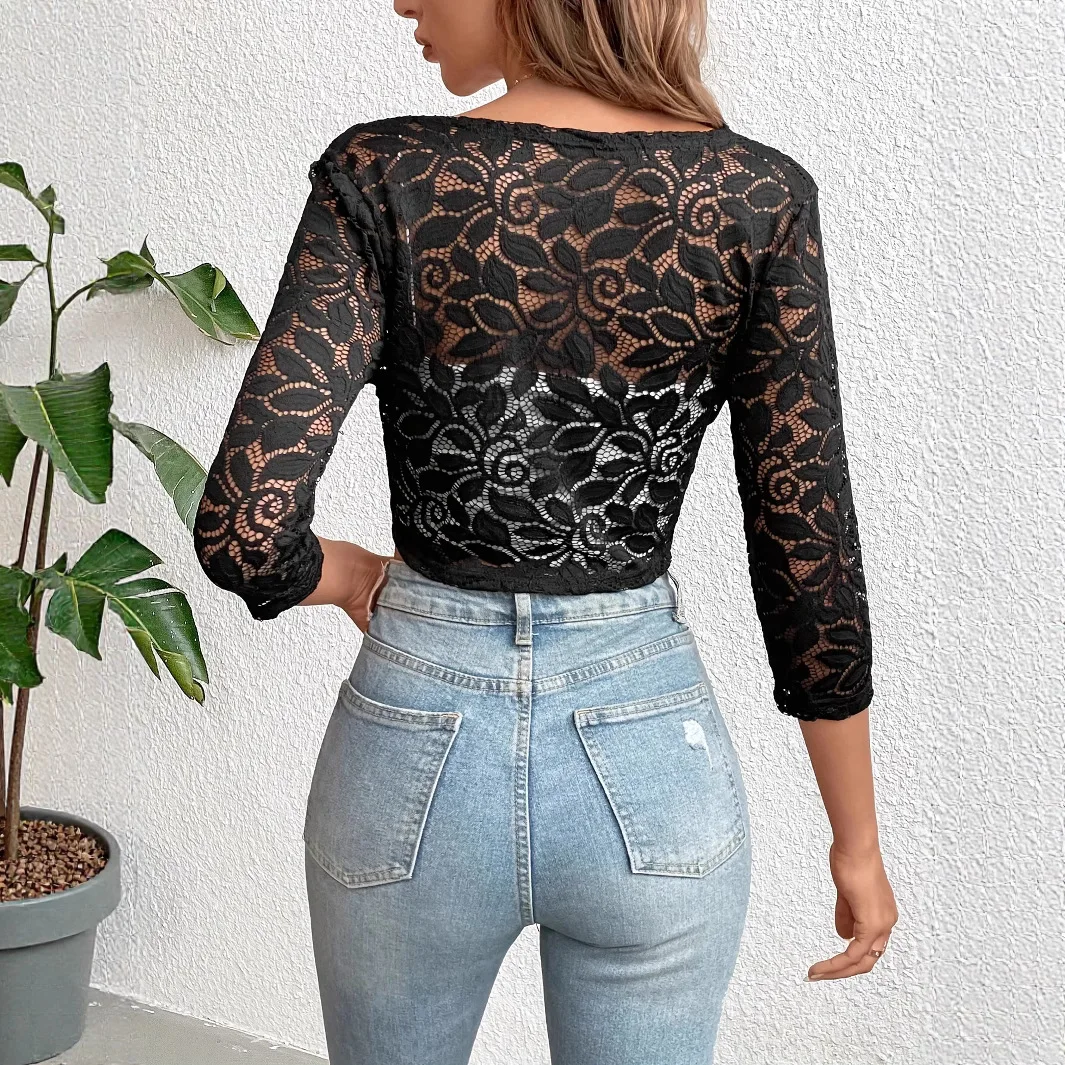 Women's Fashion Lace Cropped Cardigan Slim Fit Ruffle Sheer Open Front Top Pure Desire French Style Commute Breathable Cardigan