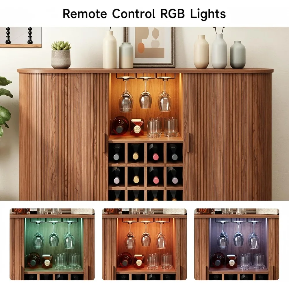Szafka barowa z rowkami na wino, 55 cali, szafka na alkohol z oświetleniem LED, szafki barowe do kawy z miejscem do przechowywania, komoda w stylu mid-century modern C