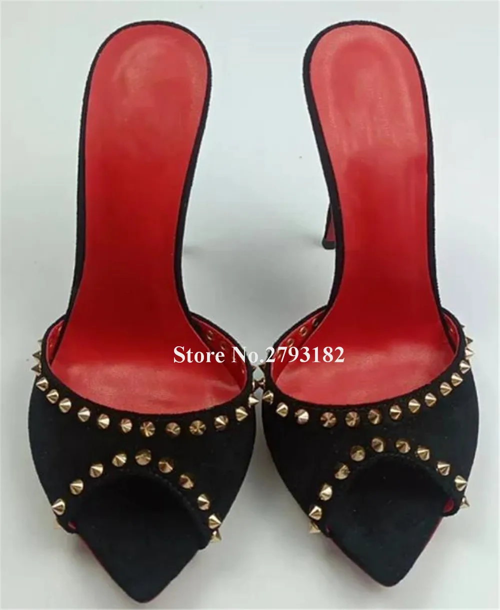 Sexy Open Toe Black Suede Rivets Thin Heel Slippers Pointed Toe Metal Studs Decorated Stiletto Heel Slip-on Sandals