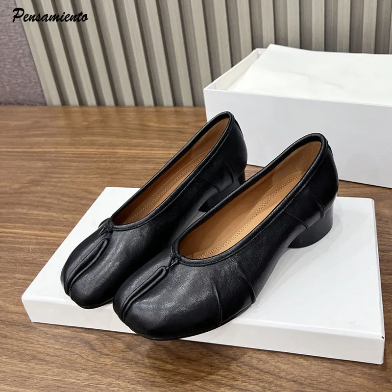 Primavera Verano microfibra cuero punta abierta mujeres bombas moda plisado diseñador tacón bajo Tabi suelas blandas mocasines zapatos casuales