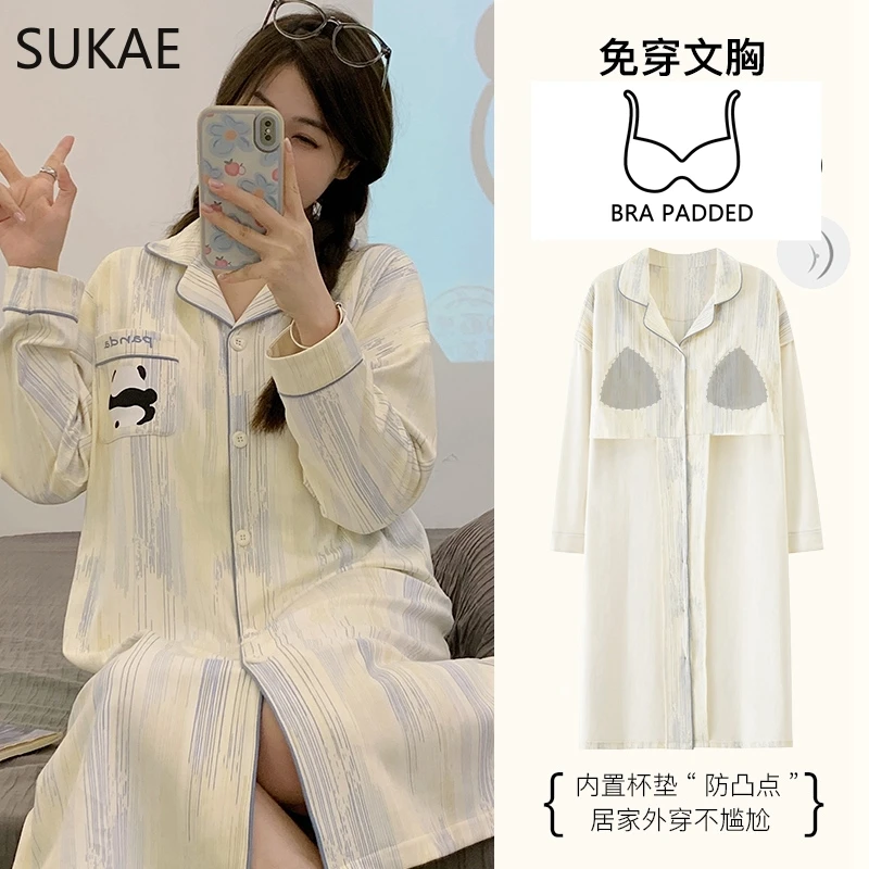 SUKAE M-5XL Plus Size Cotton Nightgowns Autumn Winter Women Long Sleeves Nightgown V-neck Nightdress Bra Padded Sleepshirts