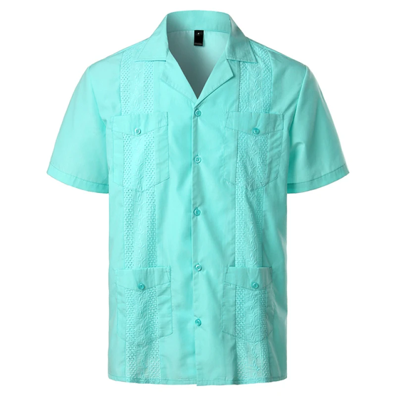 Men\'s Traditional Cuban Camp Collar Guayabera Shirts Short Sleeve Embroidered Mexican Caribbean Style Beach Shirts with 4 Pocket