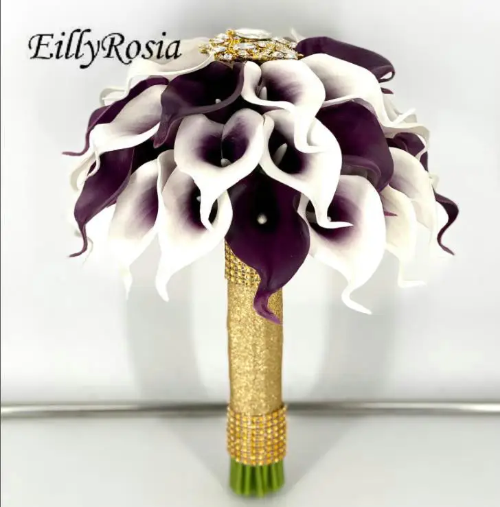 EillyRosia White Purple Calla Lily Bridal Bouquet Gold Brooch Rhinestones Ribbon Mixed Color Wedding Holding Flowers for Bride