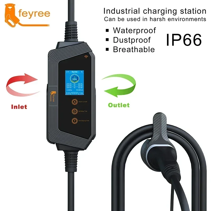 Feyree 22KW 32A 3 Fase Type2 Draagbare EV-oplader Wi-Fi APP Controle EVSE Oplaaddoos Laadstation voor elektrische autolader