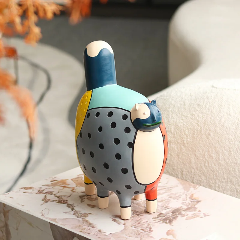 Modern Minimalist Abstract Polka Dot Cat Figurine, Cartoon Home Decor for Model House, TV Cabinet & Kids Room