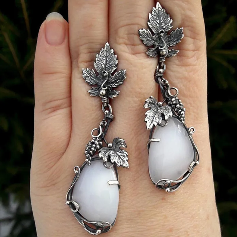 vintage water droplets white stone earrings silver color metal carved leaves long dangle earrings for women