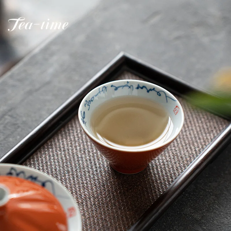 2pcs/et Handwritten Poetic Ceramic Teacup Retro Red Galze Bamboo Hat Cup Small Master Cup Puer Tea Bowl Mug Kung Fu Teaware 75ml