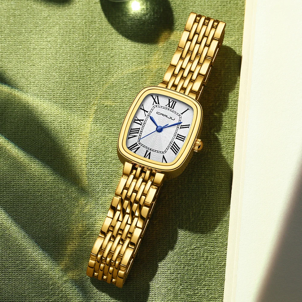 

CRRJU Top Brand Gold Watches for Women with Small Vintage Bracelet, Rectangular Case Roman Dial