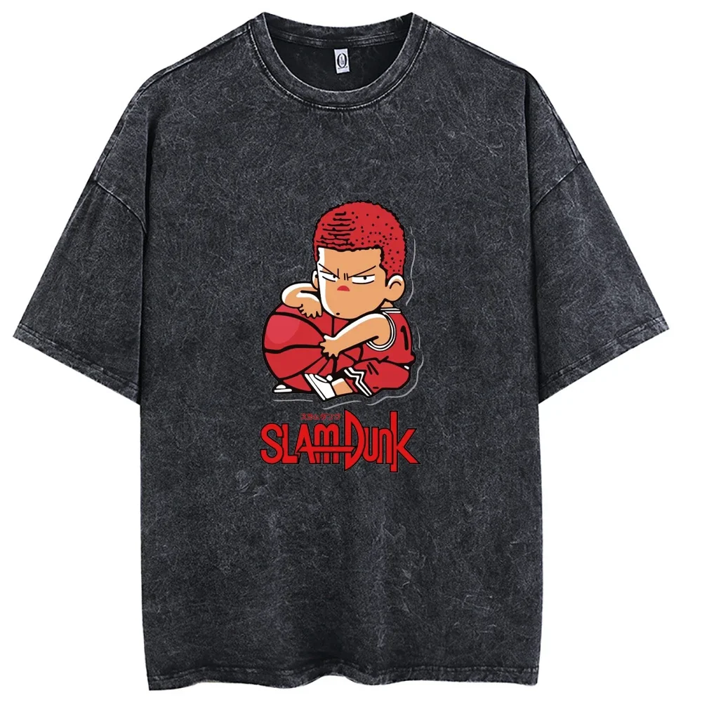 Vintage Washed T-shirt anime Sakuragi Hanamichi Printing Short Sleeve Cotton Tees Men's Harajuku Oversize Streetwear