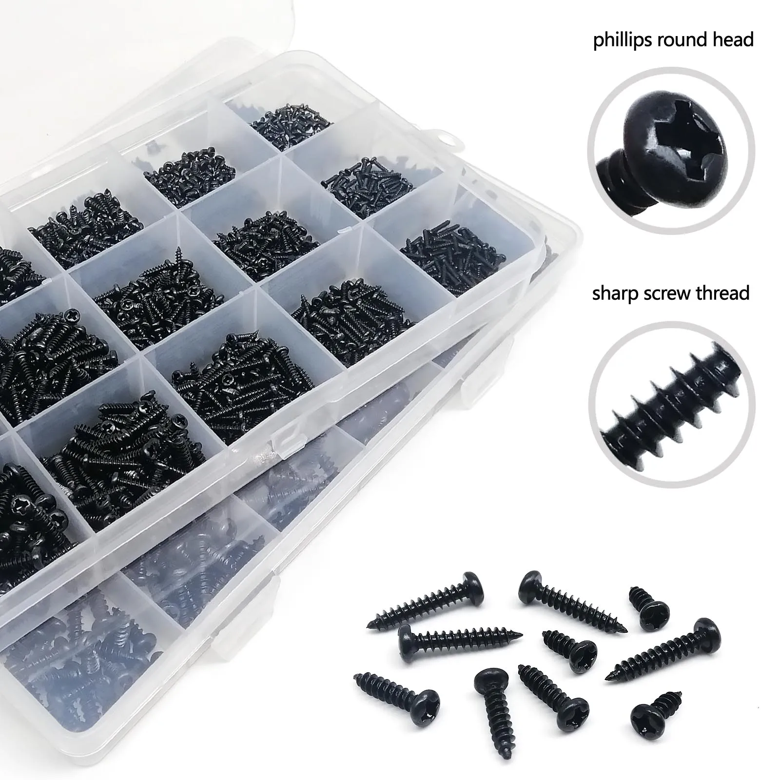 1 Kit Black Steel Phillips Pan Cross Round Head Self-tapping Wood Screw Mix M1 M1.2 M1.4 M1.7 M2 M2.6 M3 M4 Assortment Set