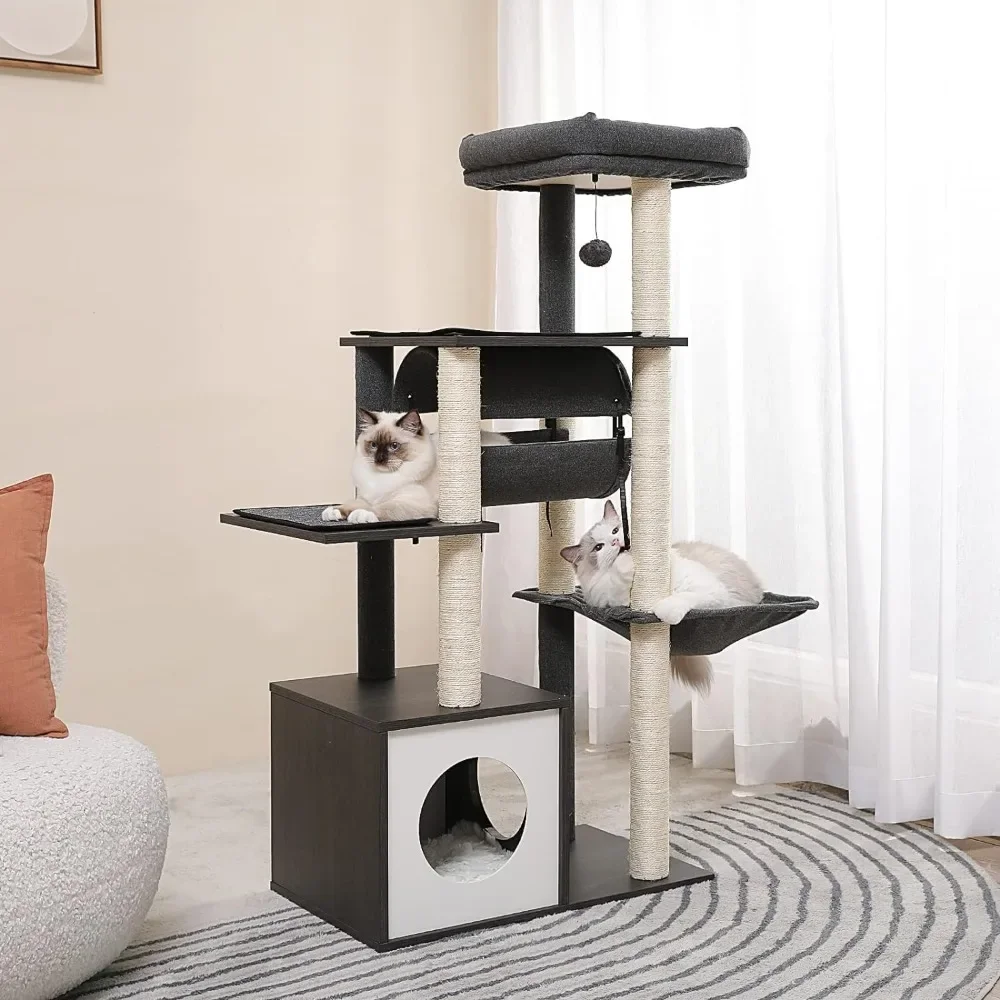 51.4 inch modern cat tree, 6 stories wooden cat tower, sisal covered scratching columns, comfortable apartment, spacious perch