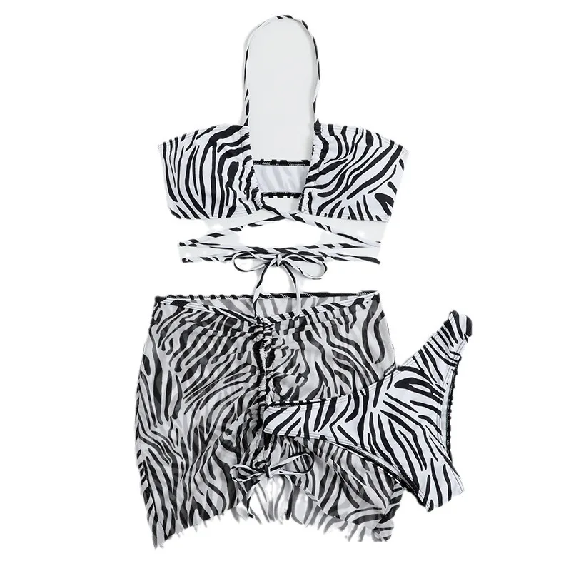 2025 new European and American striped printed drawstring lace-up three-piece swimsuit bikini bikini swimsuit