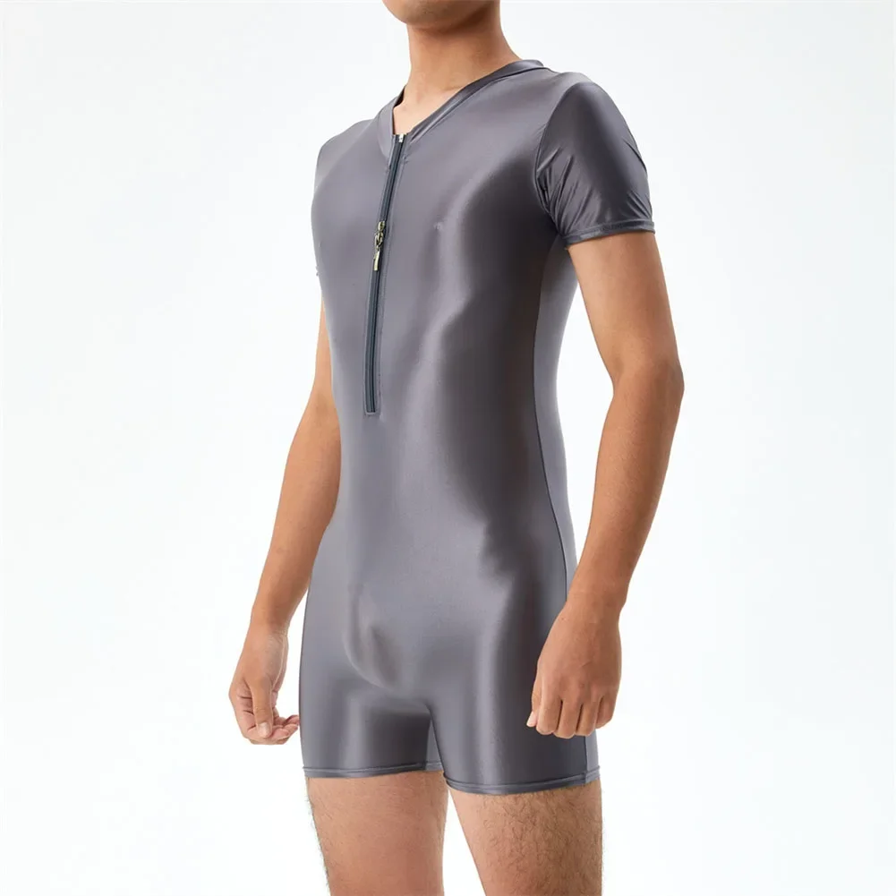 Body brilhante a óleo masculino, collant com decote em v, zíper, sexy, academia, cor sólida, macacões elásticos de seda, roupas masculinas