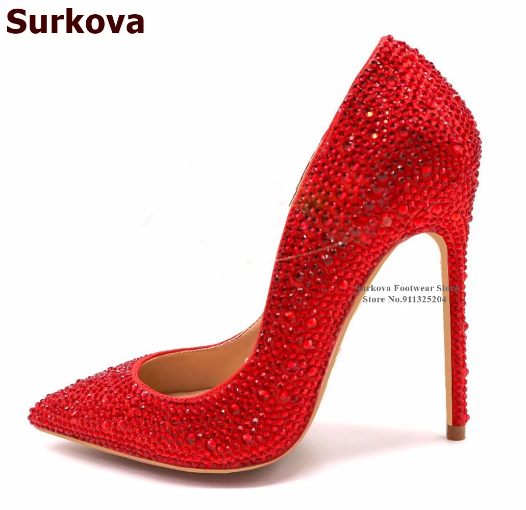 Surkova Bling Bling Gold Silver Red Crystal Wedding Shoes 12cm Stiletto Heels Pointed Toe Banquet Pumps Shining Rhinestone Heels