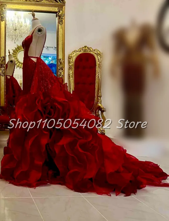 Luxury Red Wedding Gown Detachable Ruffled Train Sensual Beaded Formal Dress Elegant Party Wedding Guest Attire Customizd