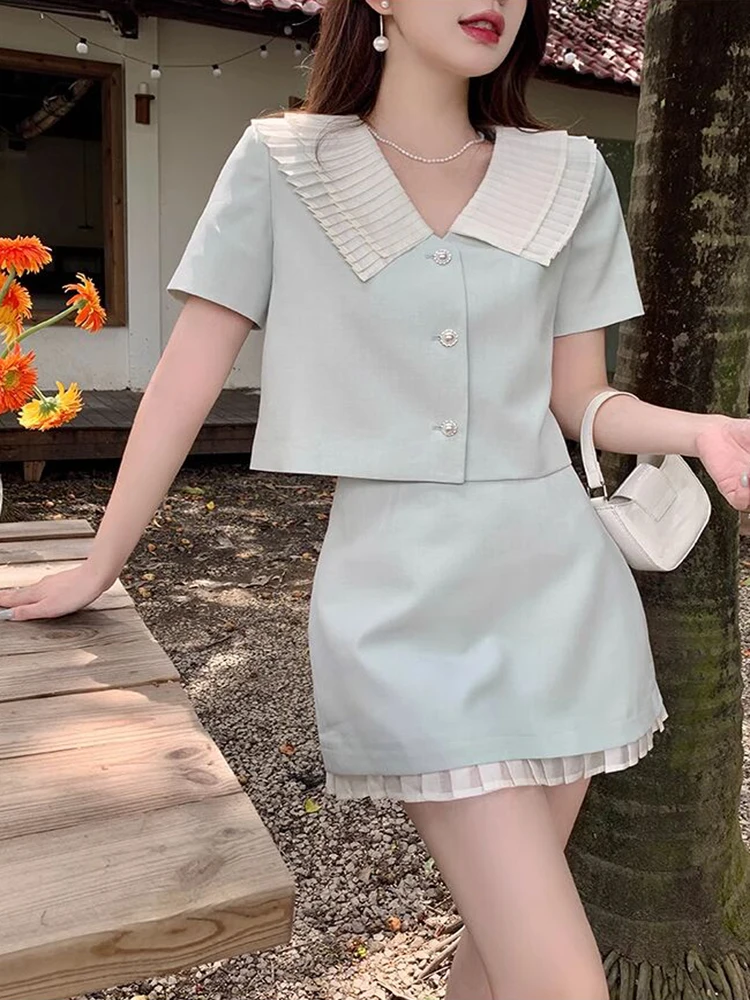 Summer Small Fragrant French Ruffles Patchwork Chic Peter Pan Collar Jacket+Slim Mini Skirt Suits 2 Pieces Sets Women\'s Outfits