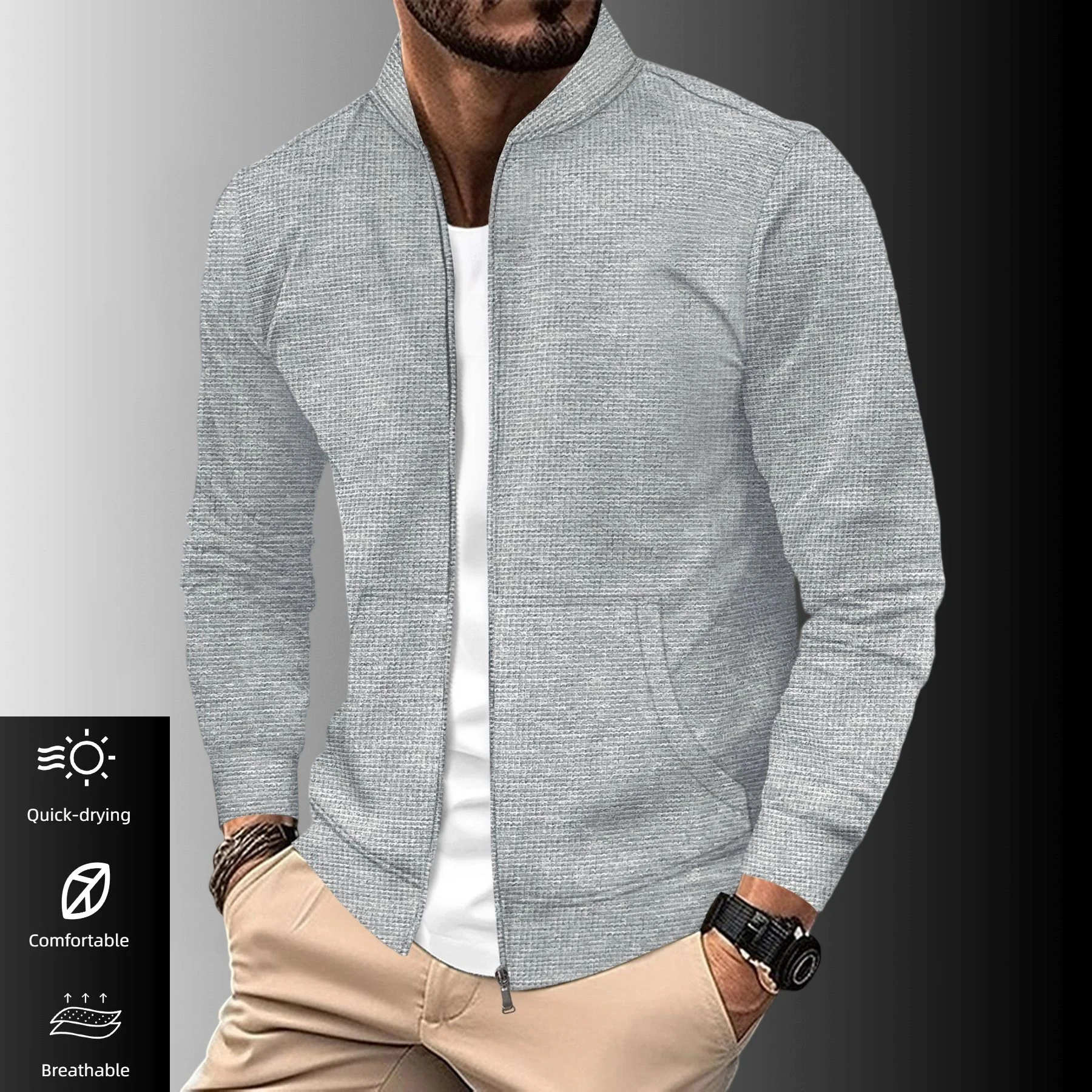 

Облегающая мужская куртка-кардиган с карманом на молнии, откидным воротником, вафельным дизайном, элегантная спортивная одежда с длинными рукавами для мужчин