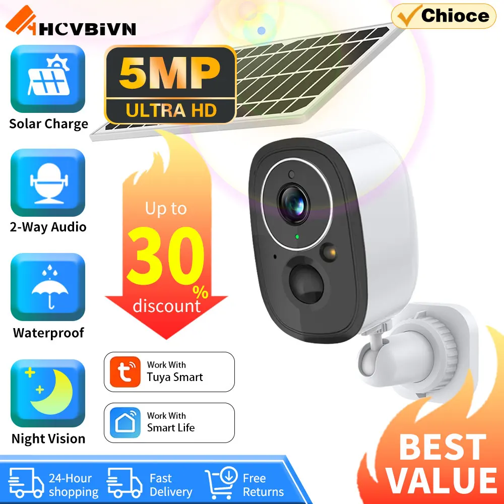 

5MP WiFi Camera Solar Outdoor Wireless Battery Powered Security Cam PIR Motion Alarm Cloud Storage Two Way Audio Tuya Smart Life