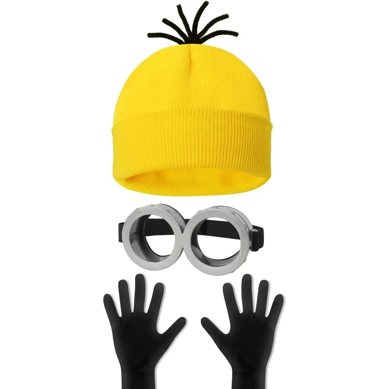 3Pcs Halloween Costume Accessories Adult Goggles Glasses Yellow Beanie Gloves for Men Women Cosplay Halloween Carnival Party Set