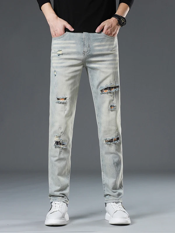 

Новые мужские джинсы Slim Fit из денима для весны и осени, повседневные, из хлопка со стрейчем, износостойкие, с эффектом stonewash