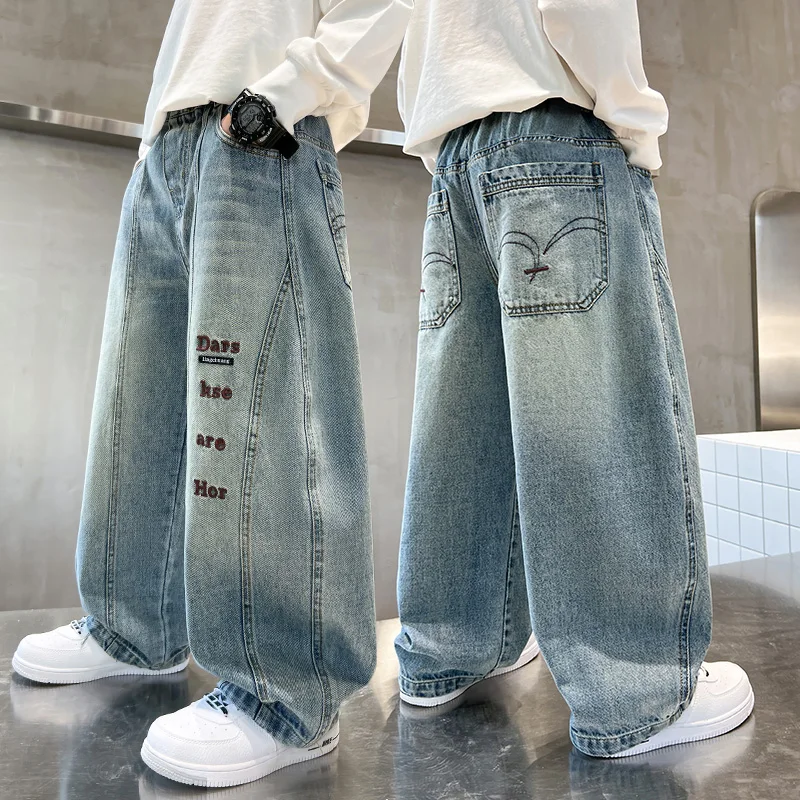 

Cool Straight Leg Jeans for Boys Casual Faionable Loose Fit Spring Autumn Middle Large Children Versatile Long Pants