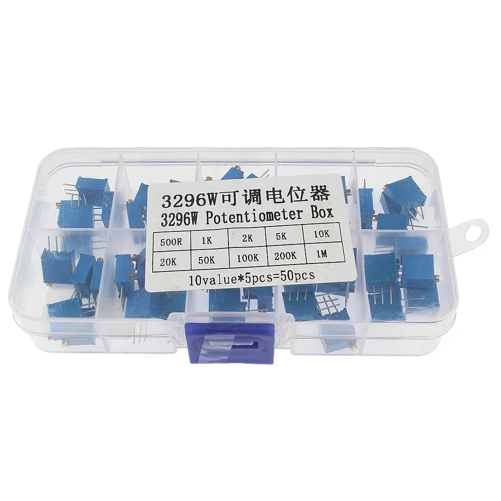 

50PCS 3296W Trimmer Potentiometer Assortment Set 500R~1M 10 Types Variable Resistor Kit 500R 1K 2K 5K 10K 20K 50K 100K 200K 1M