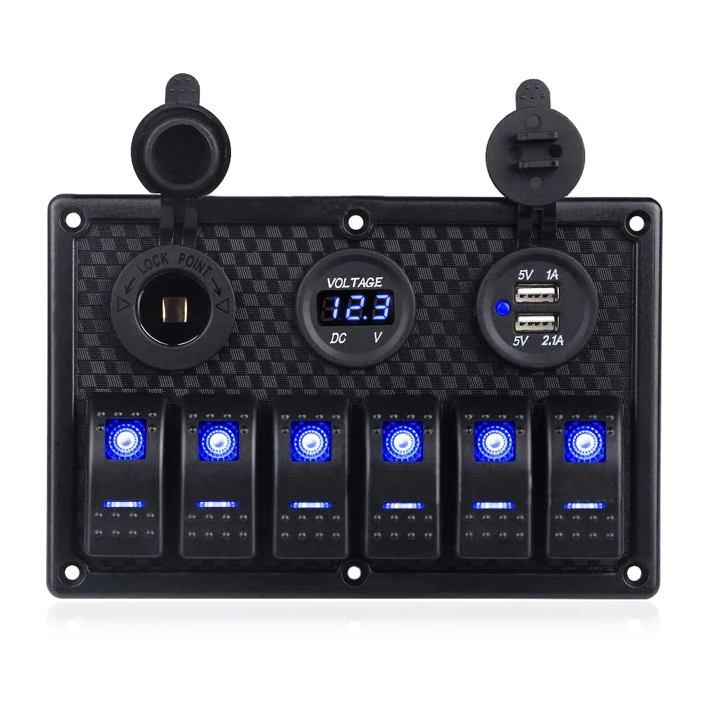 

Boat Switch Panel Car Switch Panel Waterproof Digital Voltmeter Dual USB Port 12V Outlet Combination Marine LED Rocker 6 Gang