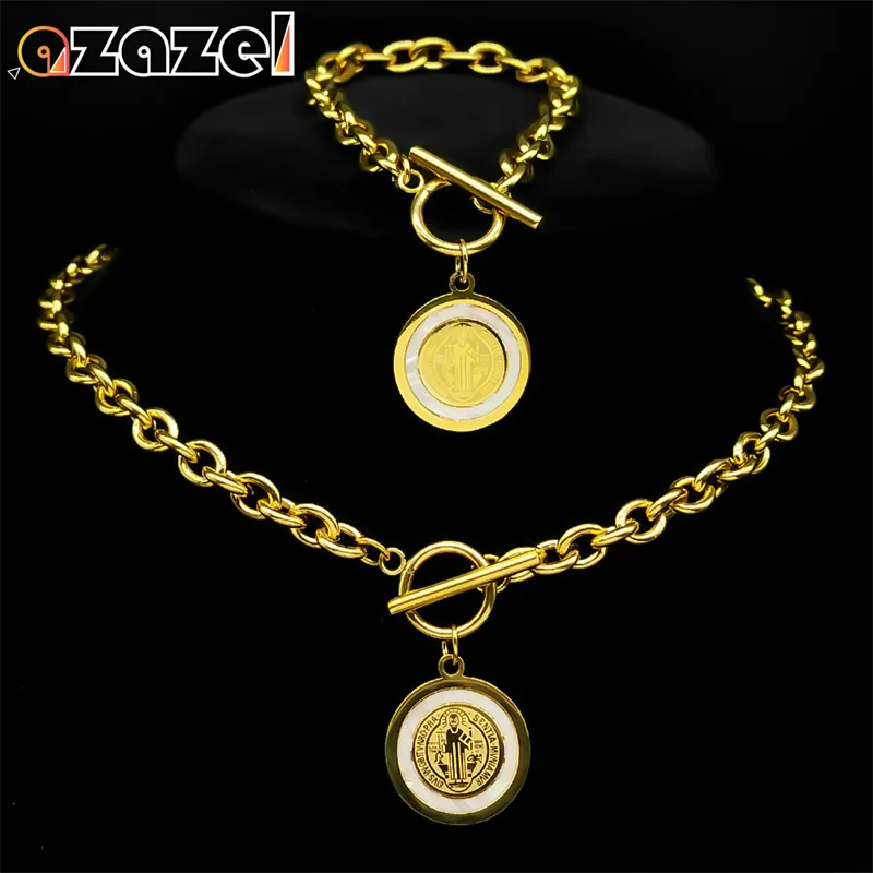 

Vintage Natural Shell Saint Benedict Medal Necklace Bracelet Set Women Men Stainless Steel Gold Color San Benito Jewelry ZZZ455