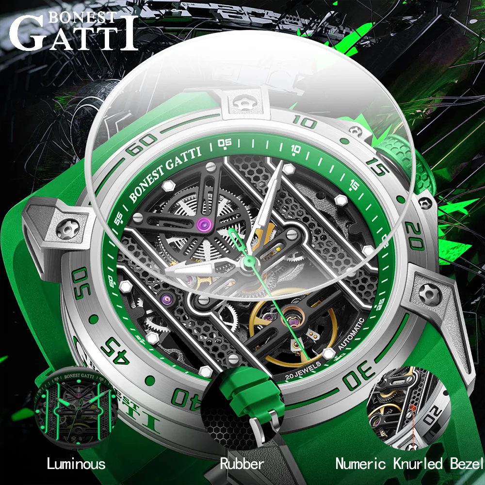 BONEST GATTI Men Automatic Luxury Watches Vintage Mechanical 5Bar Skeleton Sapphire Luminous Rubber Starp German Design - Image 5