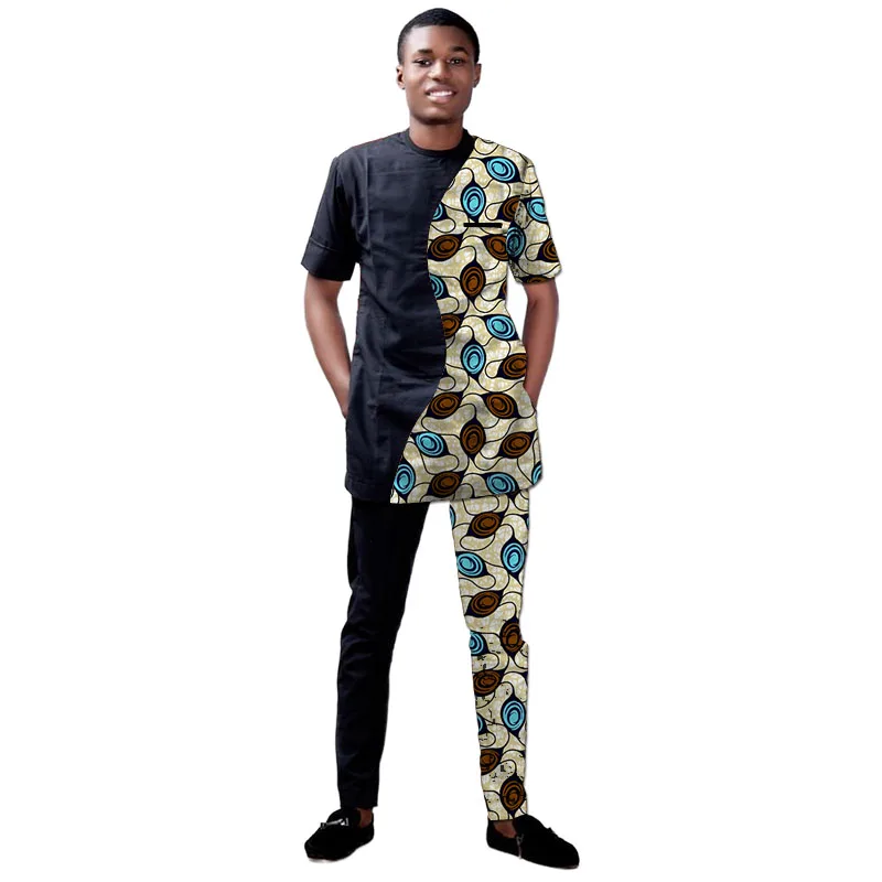 Original Patchwork Design Men’s Set Short Sleeves African Print Top Patch Elastic Waist Pant Tailor Made Party Outfit