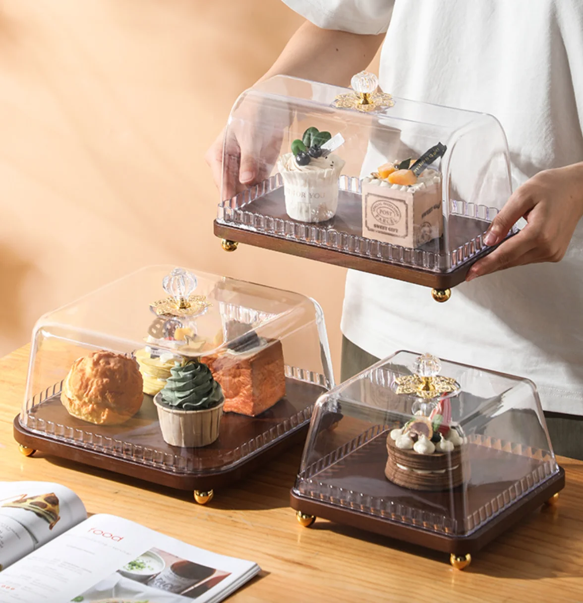 European-Style Wooden Dessert Tray Glass Lid Modern Design Color Enamel Dish Plant Pattern Eco-Friendly Afternoon Tea Wedding