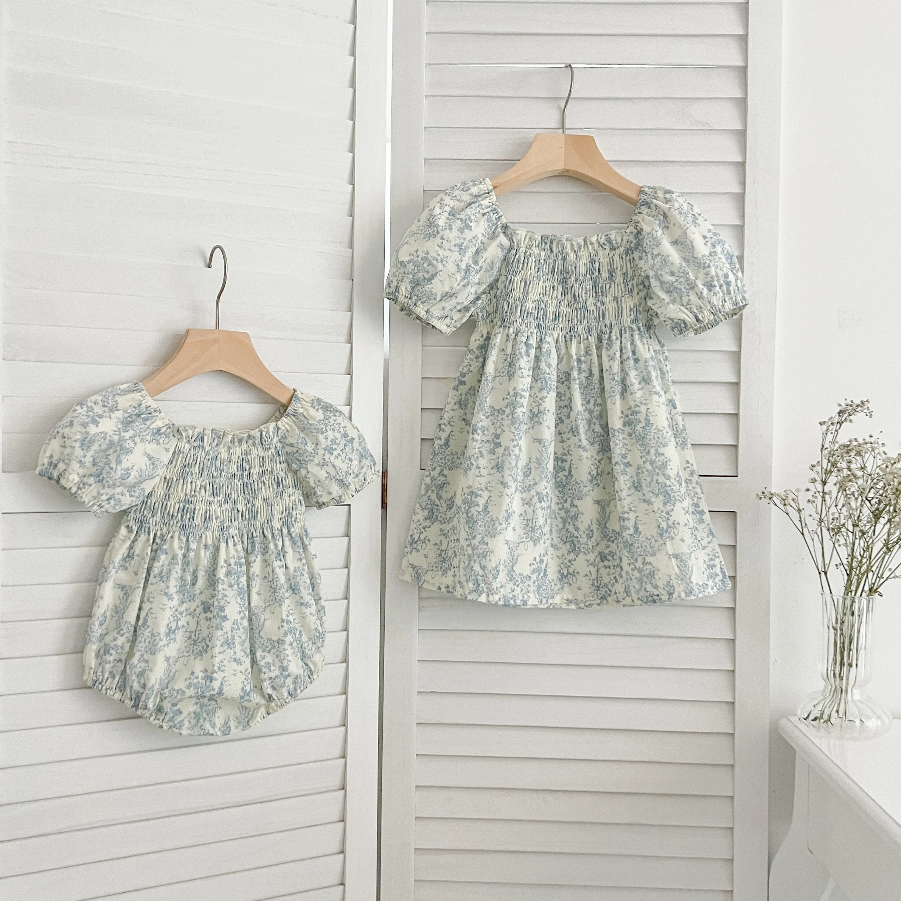 Sommer Schwester Kleid Infant Neugeborenes Baby Mädchen Kleidung Schwester Weibliche Baby Kleine Gebrochene Blaue Blume Kurzarm Strampler Kleidung ﻿ – Detail 12