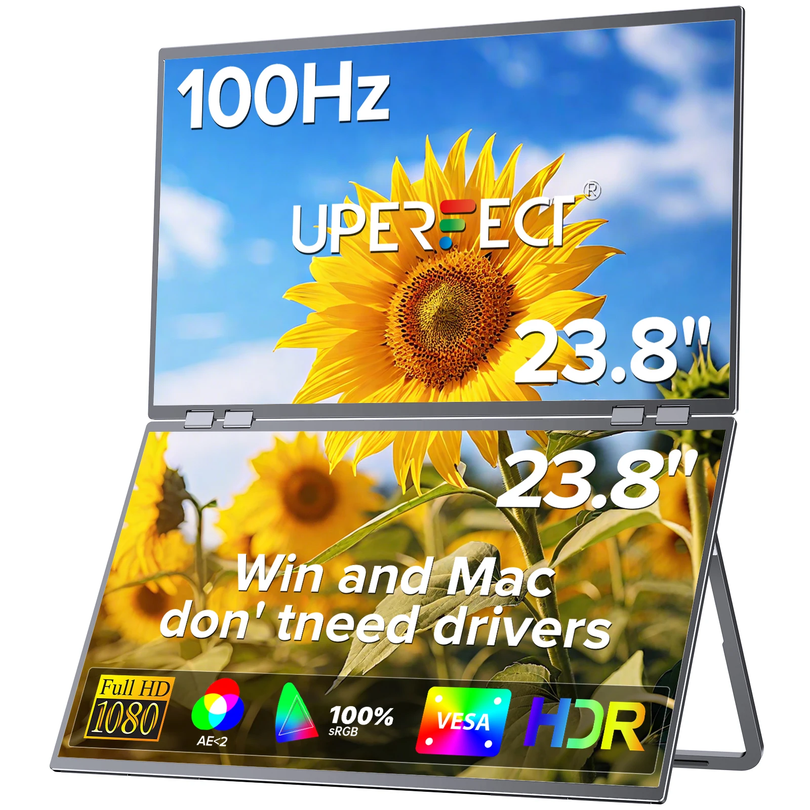

UPERFECT Delta 23.8" 100Hz Dual Monitor Portable Gaming Screen Laptop Extender Display 1080P HDR 360°Folding For PC Game Console