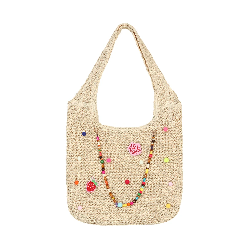 ELFSACK Women's Boho Crochet Straw Shoulder Bag with Colorful Beads, Large Summer Beach Tote Bag, Casual Vacation Handbag
