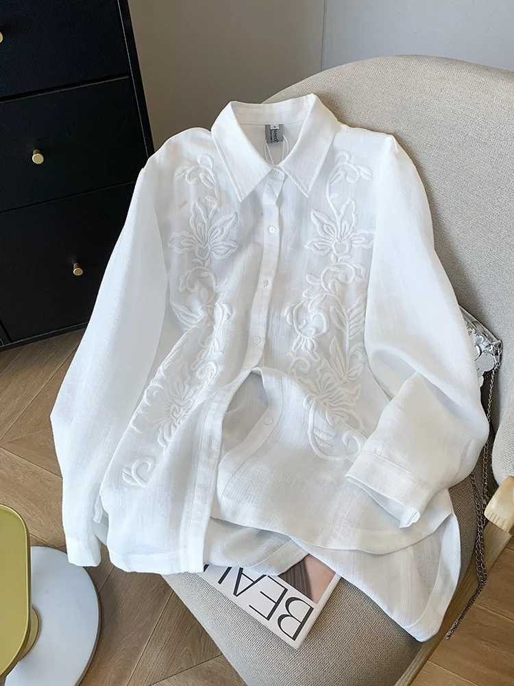 

Casual Ne Embroidered irt Women's Early Autumn Loose Fit Ladies Faion Polyester Long Sve Button up mid Length